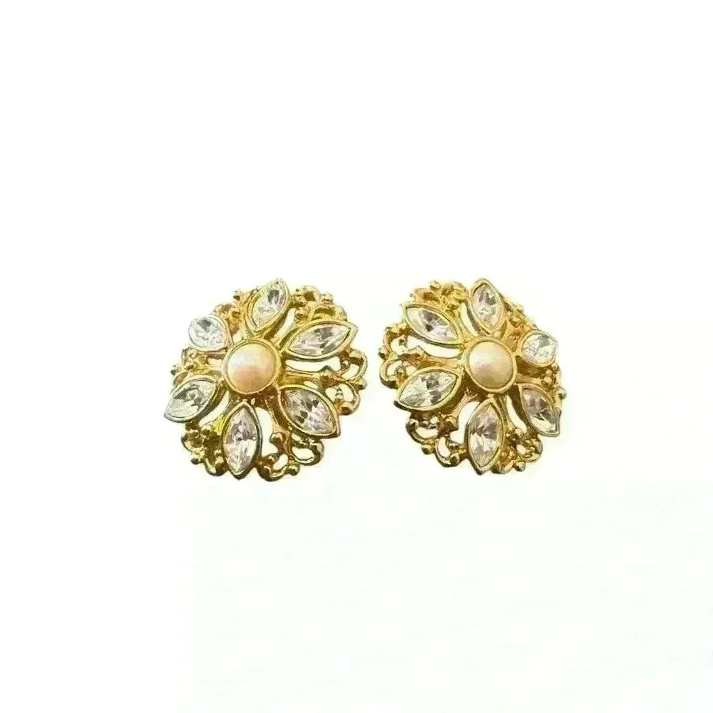 AVON Signed Rhinestone & Pearl Statement Earrings, Clip On Vintage Jewelry.